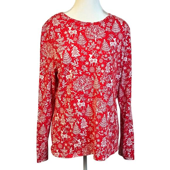 Talbots Christmas Shirt Tee  Red with Trees Reindeer Tunic Top Womens Size Large - Picture 1 of 8